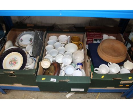 Three boxes containing various sundry china; wooden bowl; barometer etc
