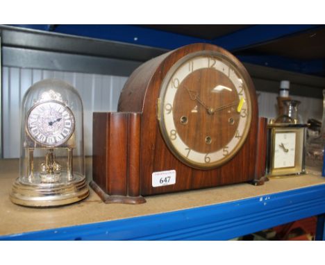 A Smiths of Enfield walnut cased three hole mantel clock and two other mantel clocks