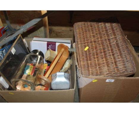 A quantity of flower arranging items; a wicker part picnic hamper; and a box of various sundry items to include cutlery, glas