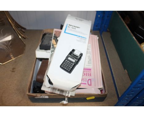 A box containing a Polaroid camera; calculators etc