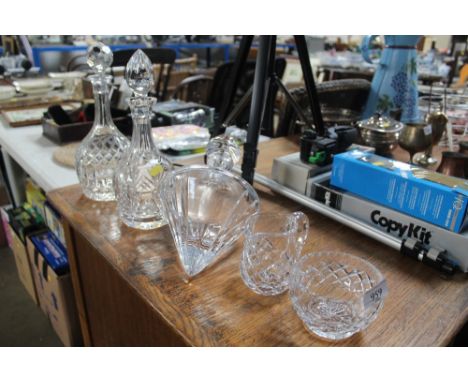 Two cut glass decanters and stoppers; one other decanter and stopper lacking stand; and a cut glass jug and bowl