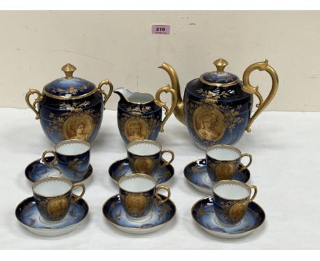 A French Charles Pillivuyt of Paris tea service of fifteen, richly gilded on a blue ground