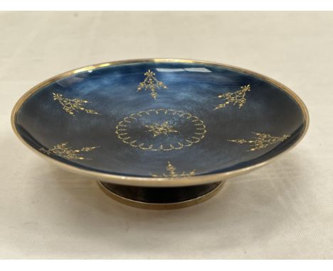 HENRI LAMBIN. PARIS. A silver gilt and blue guilloche enamel footed dish. 6" diam.