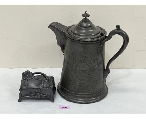 A Victorian pewter jug with engraved foliate decoration, 12" high; together with an Art-Nouveau pewter trinket box. 4½" wide
