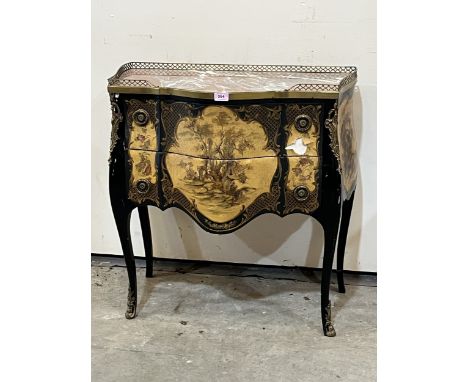 A 20th century French style bombe commode of two drawers under a marble top with brass gallery. 28" wide (A.F.)