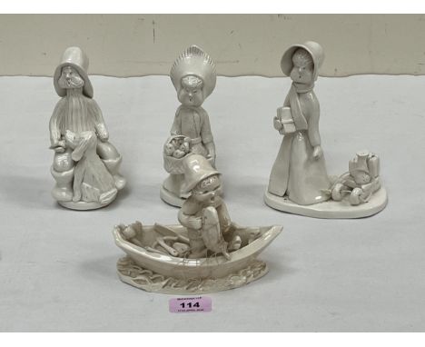 VIVIAN TANNER OF NOVA SCOTIA  Four white ceramic folk art figures. All signed to bases. Girl with sled 7" high