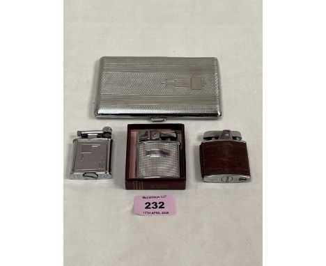 A Ronson Cadet C203 lighter, two other lighters and a cigarette case. The Ronson boxed with papers