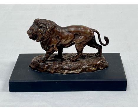 A French animalier bronze model of a lion raised on a slate base, dark brown patination with traces of gilding. The base 6¾" 