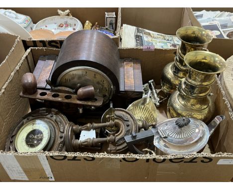 A box of wood and metalware with a hat box