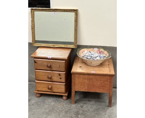 A pine commode; a pine bedside chest; a gilt framed looking glass, chamber bowl etc.