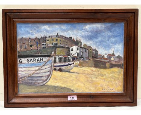 PETER J. WHITE. BRITISH CONTEMPORARY  Seaside town with fishing boats. Signed and dated 02. Oil on board 12' x 18'