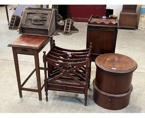 A music canterbury of recent manufacture; a Victorian step commode; a small mahogany table; a hanging oak carved corner cupbo