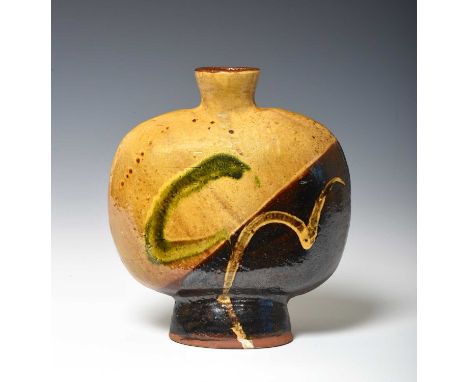 Clive Bowen (b.1943) WelshLarge flaskHoney-glazed earthenware, slip decorated, 24cm highProvenance: The Scottish Gallery, Edi