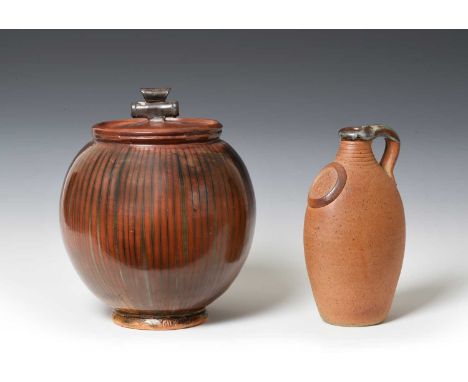 John Bedding (b.1947)Round lidded potBurnished earthenware, impressed JB and Gaolyard Studios marks, 26.5cm high; and John Le