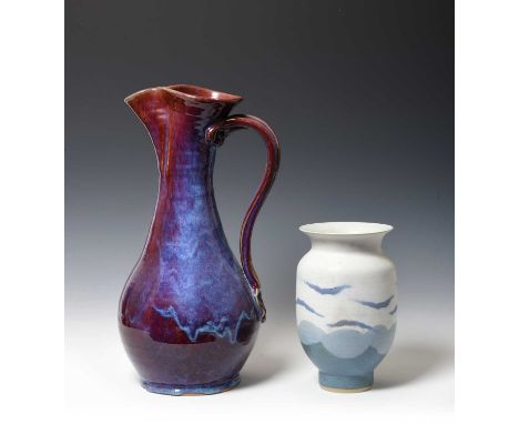 David Fry (b.1948)PitcherStoneware, blue/red flambe glaze, impressed D:FRY 1999, 46.5cm high; and Reuben Hutchings (Contempor