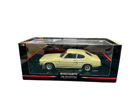 Minichamps 1/18th scale 1969 Ford Capri 1700GT beige LHD No. 150 089005, generally excellent to good plus (tape applied to do