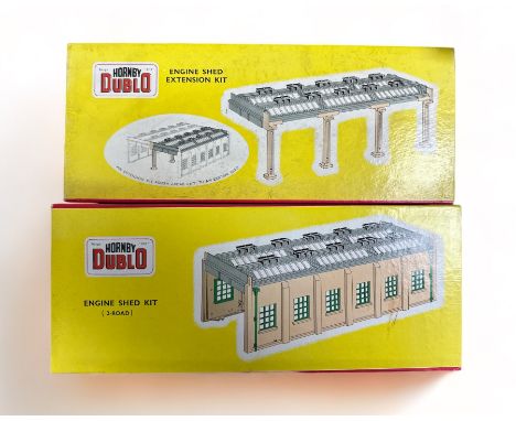 Hornby Dublo 2-Road Engine Shed kit No. 5005 and Extension kit No. 5006, generally excellent in excellent boxes. Contents unc