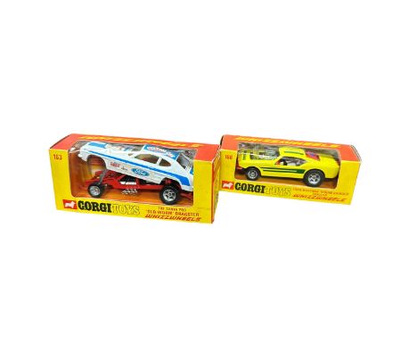 Corgi Whizzwheels Dragster pair, generally excellent in excellent to good plus window boxes, with Glo-Worm Santa Pod (Ford Ca