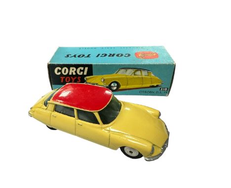 Corgi Citroen D.S. 19 primrose yellow with red roof No. 210, generally excellent to good plus (decal added to windscreen) in 