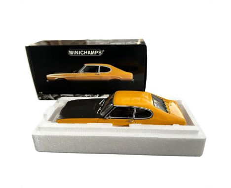 Minichamps 1/18th scale 1970 Ford Capri 2600 RS yellow with black bonnet LHD No. 180 089070, generally excellent in excellent