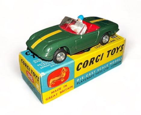 Corgi Lotus Elan S2 No. 318, generally excellent in good plus blue and yellow box, green with yellow stripe, red interior, bo