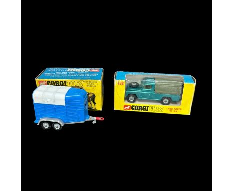 Corgi Land Rover (109 WB) metallic green with green plastic tilt No. 438 and Rice's Beaufort Double Horsebox including Horse 