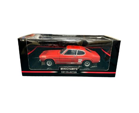 Minichamps 1/18th scale 1969 Ford Capri 1700GT red RHD No. 150 089000, generally excellent in excellent window box (banded to