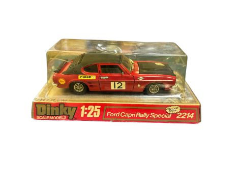 Dinky 1/25th scale Ford Capri Rally Special No. 2214, generally excellent in good bubble pack (cellophane splits). Contents u