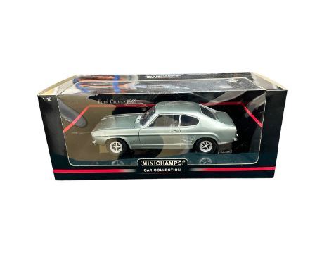 Minichamps 1/18th scale 1969 Ford Capri 1700GT blue metallic (maker's box description) RHD No. 150 089002, generally excellen