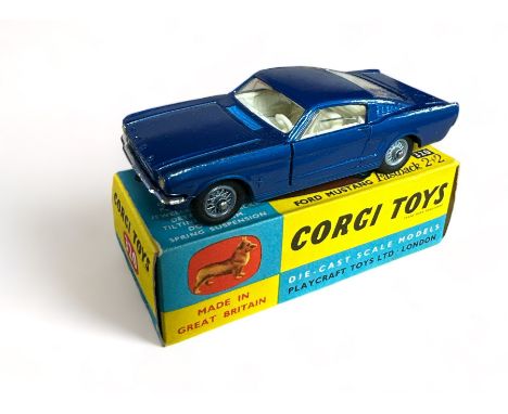 Corgi Ford Mustang Fastback 2+2 No. 320, generally excellent in excellent to good plus blue and yellow box, with metallic blu