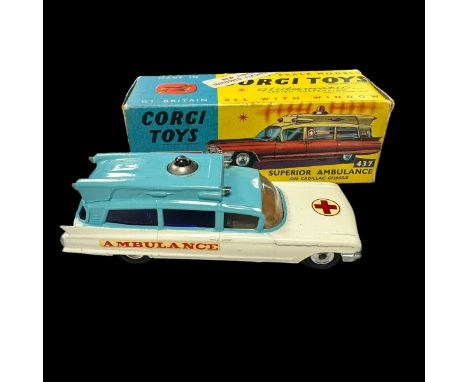 Corgi Cadillac Superior Ambulance two-tone pale blue/white No. 437, generally excellent in good plus “New finish…” label box 