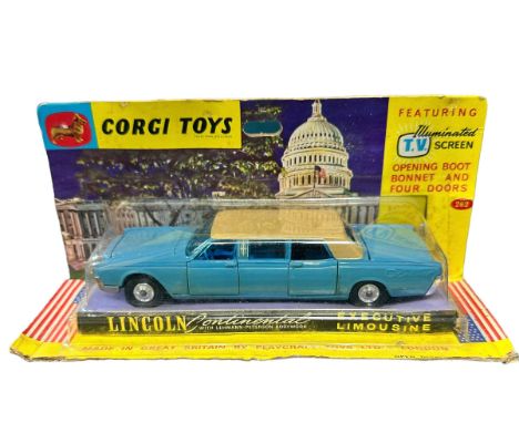 Corgi Lincoln Continental Executive Limousine No. 262, generally excellent in good plus bubble pack, pale blue with tan roof,