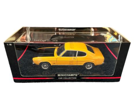 Minichamps 1/18th scale 1970 Ford Capri RS 2600 yellow with black bonnet No. 150 089070, generally excellent in excellent win