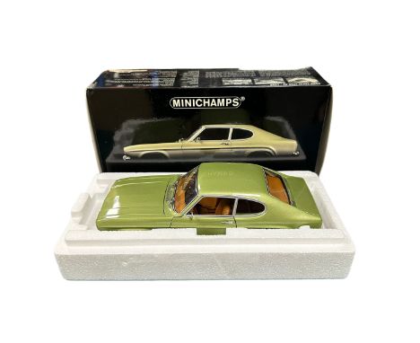 Minichamps 1/18th scale 1969 Ford Capri 1700 GT metallic light green No. 180 08900, generally excellent in good plus box with