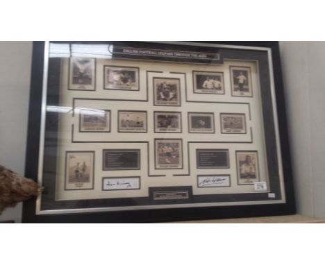 A framed and glazed 'English Football Legends Through the Ages' personally signed by Sir Tom Finney and Mat Lofthouse