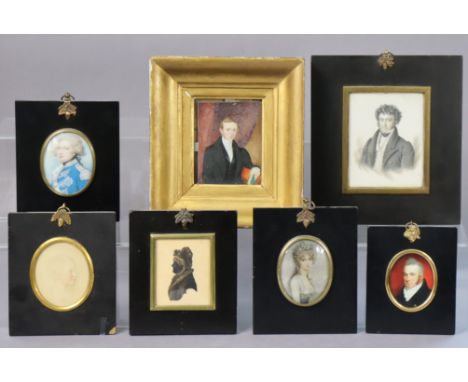 A rectangular portrait miniature of a gentleman in gilt frame, a silhouette portrait of a lady heightened in gilt, and five v