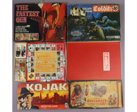 Four vintage board games “Buccaneer” “(Waddingtons), “Escape From Colditz” (Parker), “Kojak” (Arrow), “The Fastest Shot” (Den