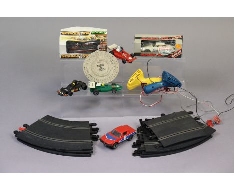Five Scalextric model racing cars; &amp; various other Scalextric accessories.
