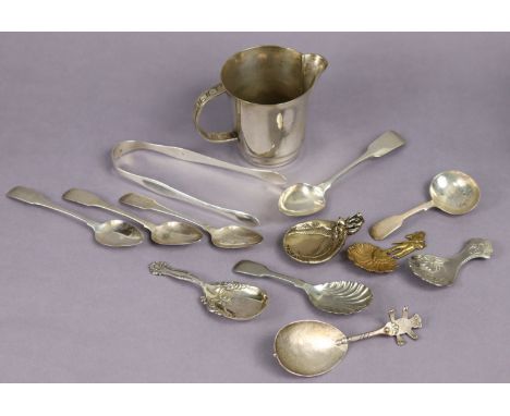 A pair of George III silver plain sugar tongs, London 1810, maker’s marks rubbed but possibly Peter &amp; Wm Bateman; three I