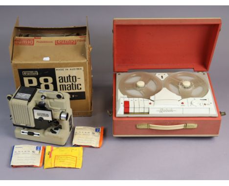 A vintage Robuk reel-to-reel tape recorder in a red &amp; cream fibre-covered case; &amp; a Eumig “P8 NOVO” film projector, b