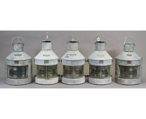 Three Meteorite galvanised-metal ship’s lanterns “Masthead”; two ditto ship’s corner lanterns “Port” &amp; “Starboard”, all 2