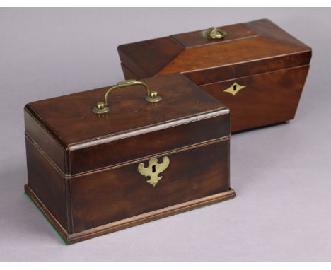 An early 19th century mahogany work box with brass swing handle to the hinged lid, brass shaped escutcheon &amp; moulded edge