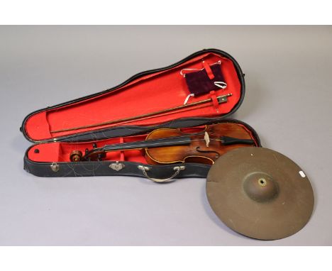 A violin &amp; bow (violin 26” long, w.a.f), with case; &amp; a drummer’s thin crash cymbal (split to edge).