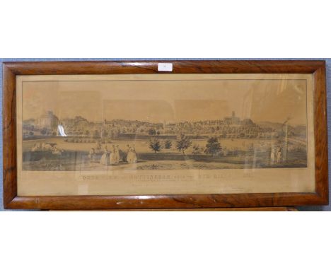 A print of South View of Nottingham from the Rye Hills in 1741, rosewood frame, a pair of continental prints, maple frames, e