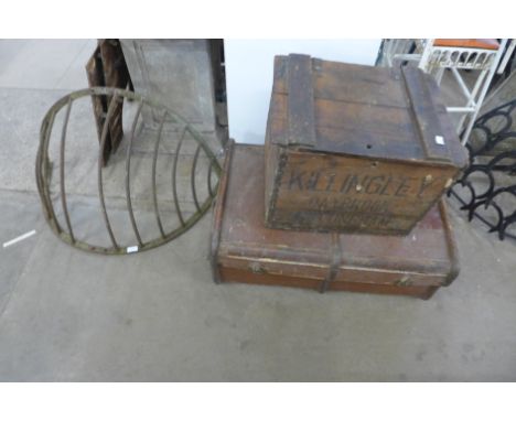 A wrought iron hay rack, a Killingley of Daybrook pine box and a steamer trunk