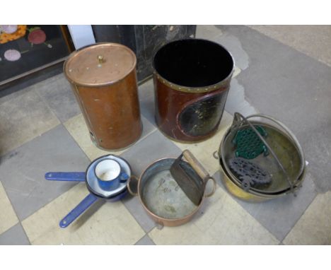 A box of enamel ware, brass jam pans, copper pan, paper bin, etc.