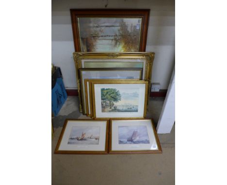A landscape, oil on canvas, Coulson print and six other prints