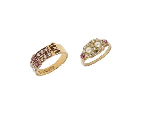 mounted with two circular-cut rubies and half pearls in 15ct gold, 3.0 grams, size M, together with a Victorian ruby, diamond