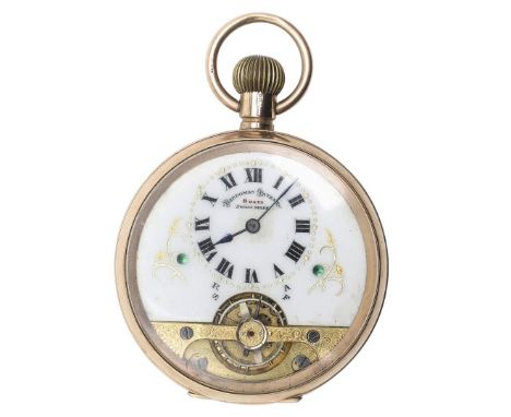 the white enamel dial with Roman numerals, with skelton movement, with engine turned and engraved cartouche decoration to the