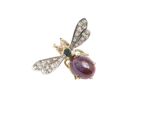 the body mounted with a cabochon ruby and circular-cut emerald, the wings with graduated circular-cut diamonds, in yellow gol